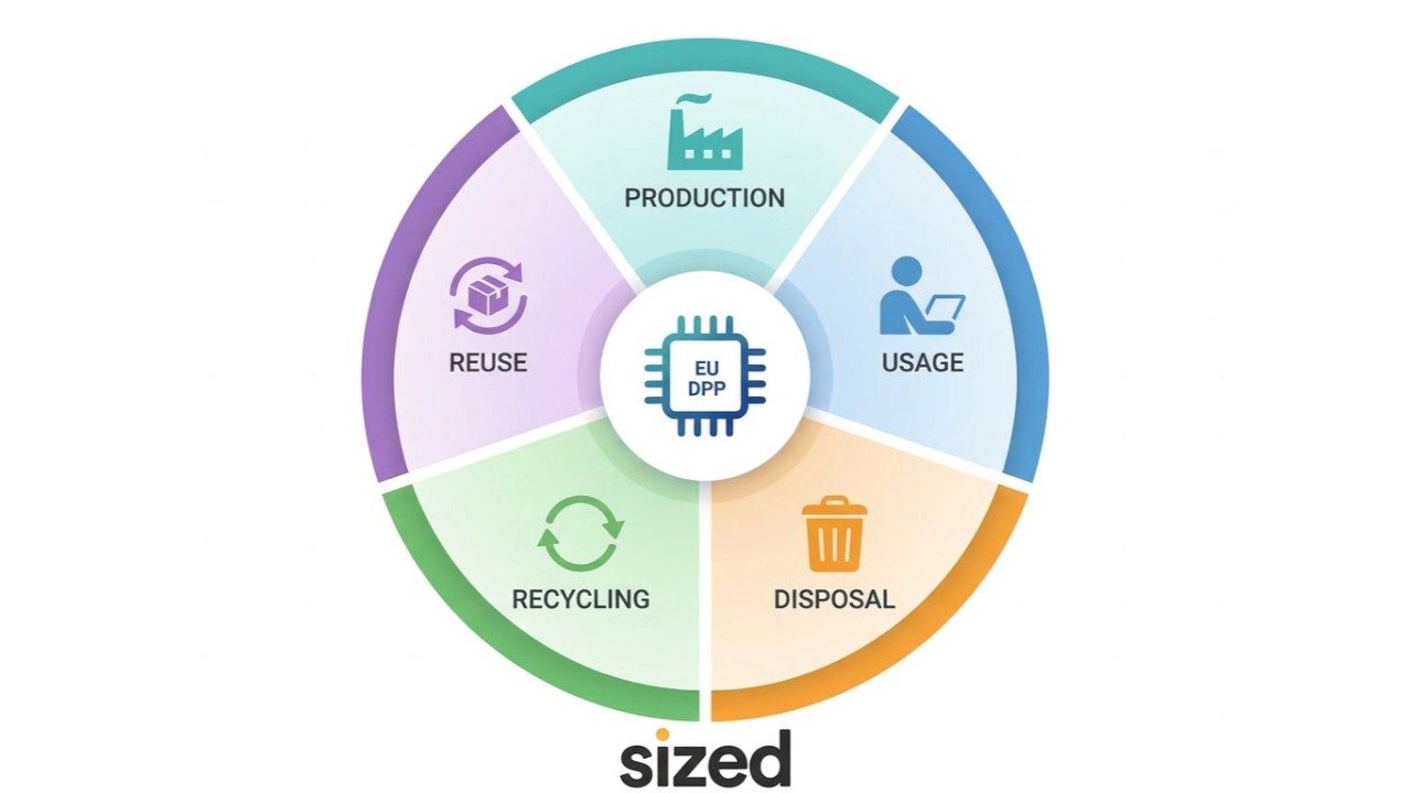 EU Digital Product Passport lifecycle wheel — production, usage, disposal, recycling and reuse around a central DPP chip